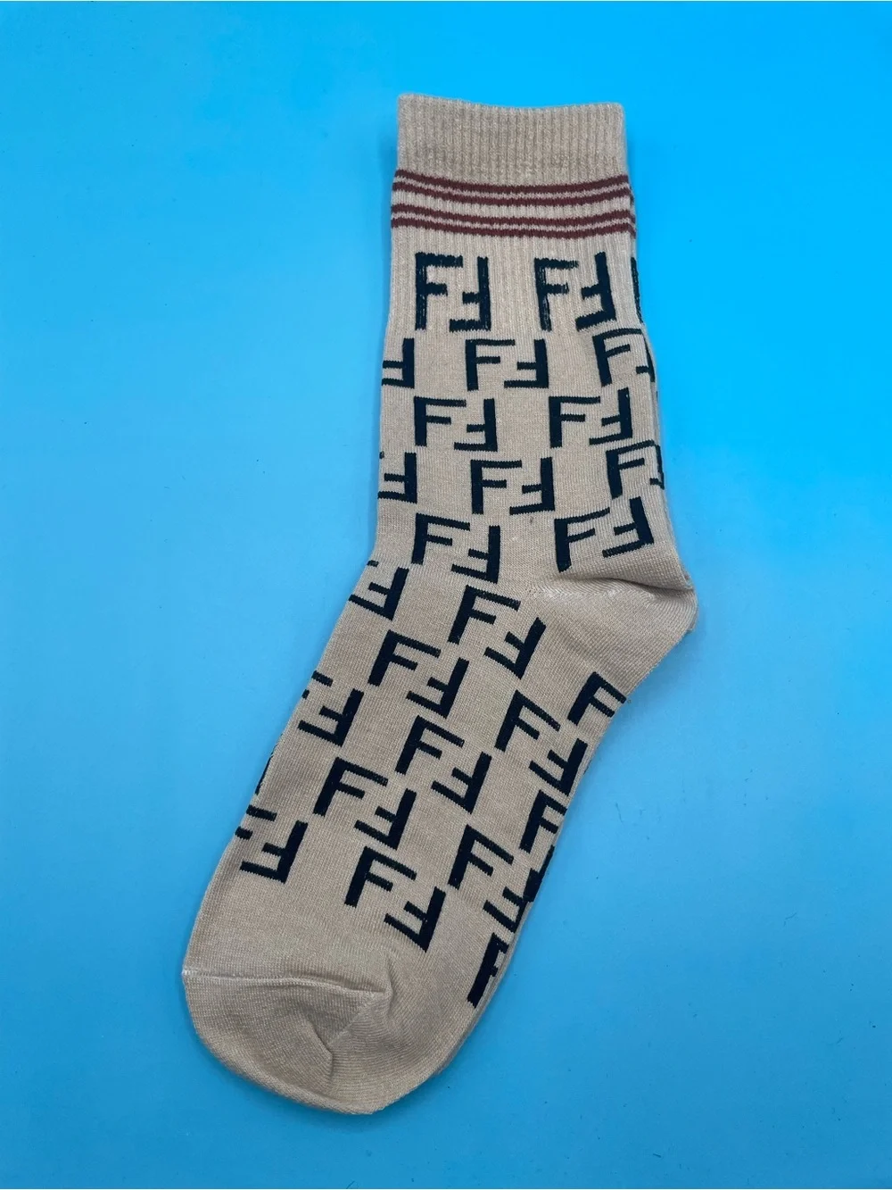 3 Pair Fendi Beige Crew Socks with Black FF Monogram and Brown Stripe - Picture 2 of 3